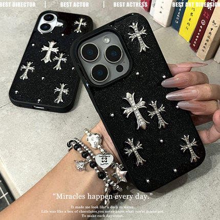 甜酷水钻金属十字架适用oppoReno14pro手机壳reno12/13立体reno11/10/9pro防摔保护套reno8/7pro/6se软壳少女