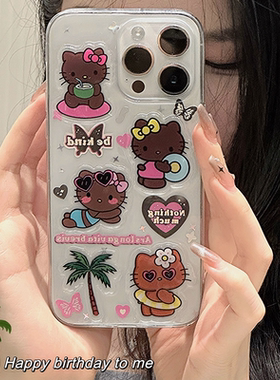 可爱沙滩椰树黑皮Kitty猫适用红米K60 K50S手机壳k40 k30i创意note12Turbo 11T 10xpro少女软k20 9A 8T保护套