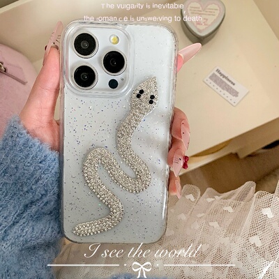 ins立体高级闪钻银蛇适用苹果16promax滴胶手机壳iPhone15 14pro小众新款软壳13mini 12保护套xsmax创意8p女7