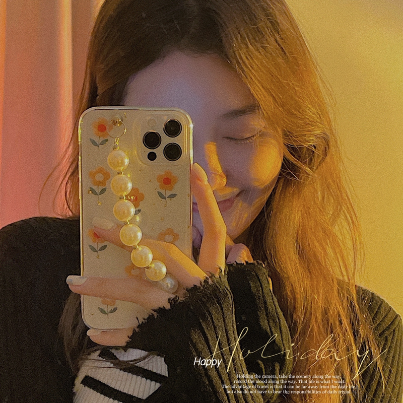 ins珍珠链条花朵适用苹果16 15promax手机壳iPhone14 13新款防摔12 11pro滴胶xsmax软壳8p保护套7全包少女