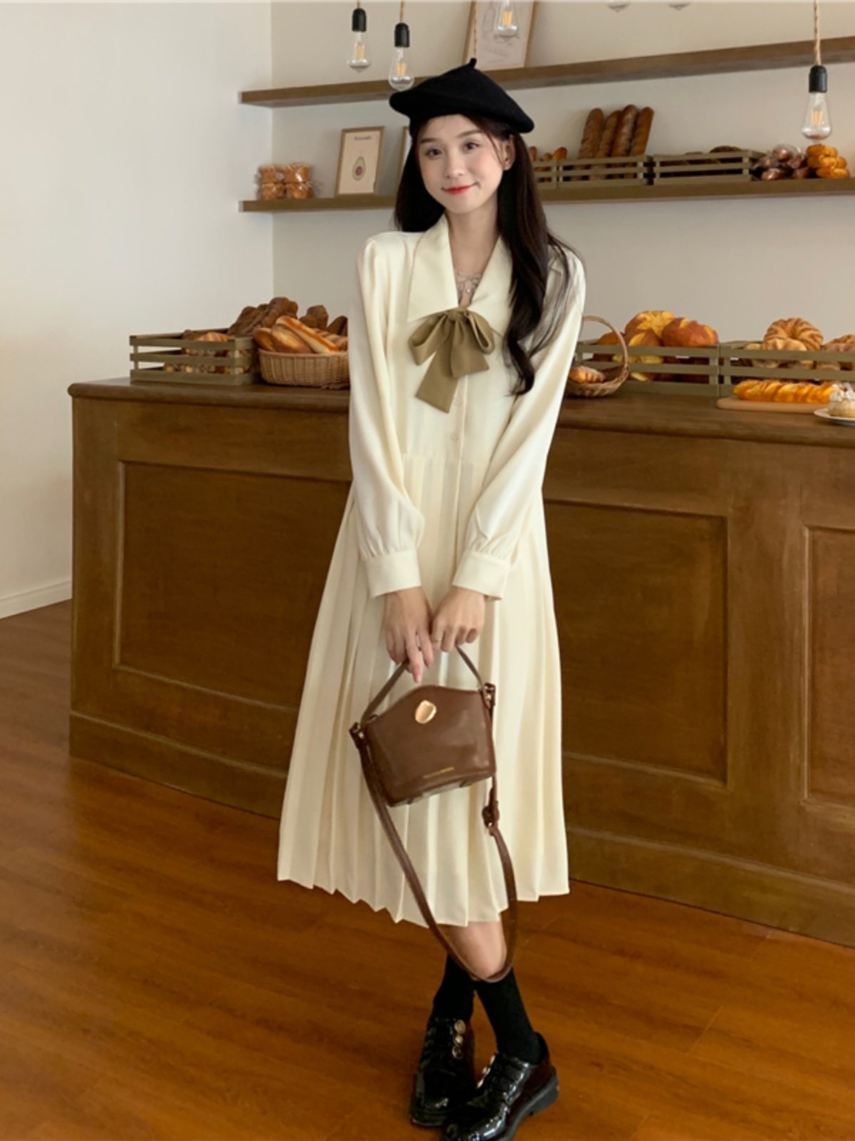 AUTUMN MATERNITY DRESS LONG SLEEVE GENTLE WIND SHIRT DRESS AUTUMN FRENCH RETRO LITERARY SENSE LACE-UP PLEATED LONG SKIRT