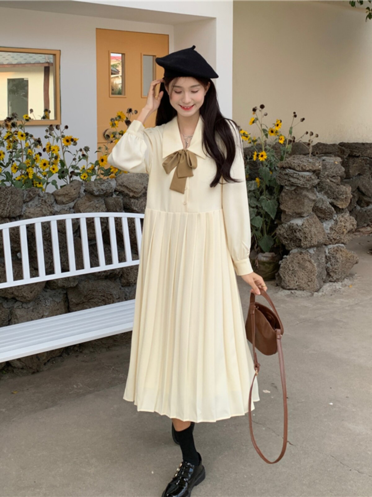 AUTUMN MATERNITY DRESS LONG SLEEVE GENTLE WIND SHIRT DRESS AUTUMN FRENCH RETRO LITERARY SENSE LACE-UP PLEATED LONG SKIRT
