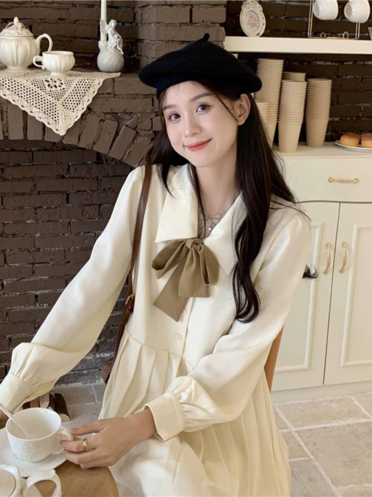 AUTUMN MATERNITY DRESS LONG SLEEVE GENTLE WIND SHIRT DRESS AUTUMN FRENCH RETRO LITERARY SENSE LACE-UP PLEATED LONG SKIRT