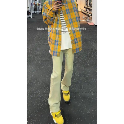 黄泥色弯刀软牛仔裤男款直筒修身美式高街vibe裤子夏季微喇裤