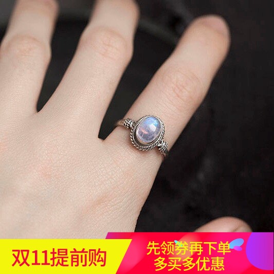 尼泊尔饰品手工纯银镶嵌月光石戒指女小众首饰指环戒子复古民族风