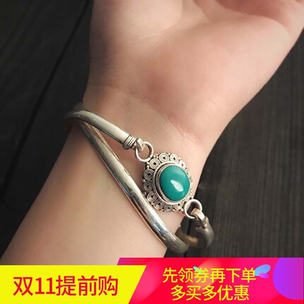印度尼泊尔手工925银镶嵌优化绿松石手镯女手环 开口复古民族风