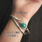 印度尼泊尔手工925银饰品镶嵌绿松石手镯女手环 开口复古民族风