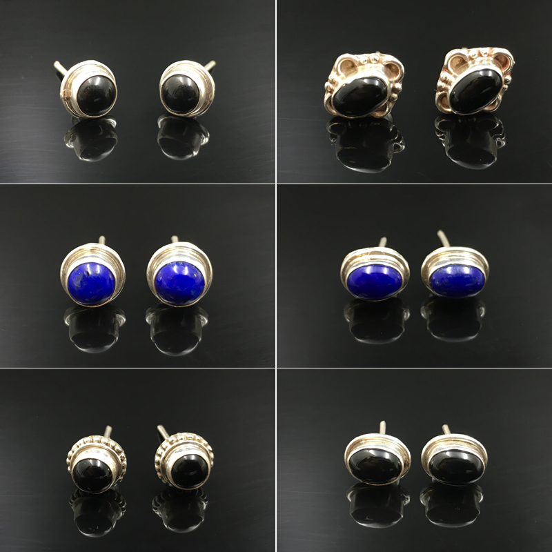 尼泊尔手工耳钉纯银复古黑玛瑙女