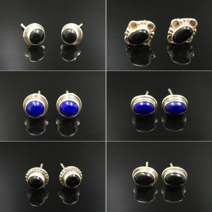 尼泊尔手工925银饰品青金石黑玛瑙耳钉女藏式 创意复古民族风 个性