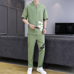2021主推大货中国风短袖男士大码汉服休闲套装XZ313B-1-TZ888-P50图片