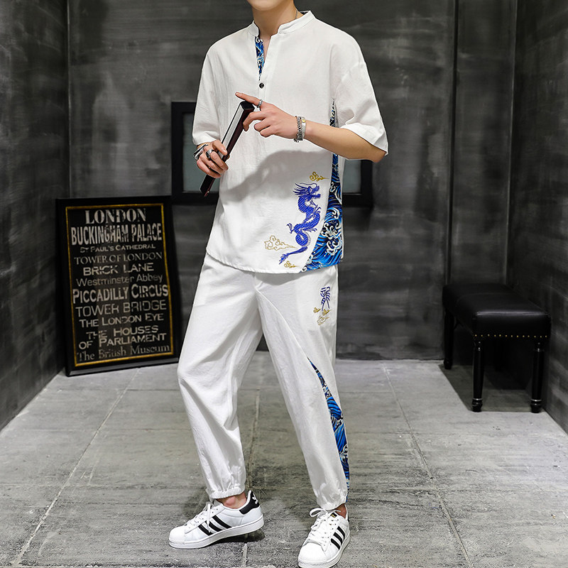 大货主推中国风男士大码刺绣棉麻休闲时尚套装XZ313B-1-TZ890-P55,男装休闲套装,星座313B-2