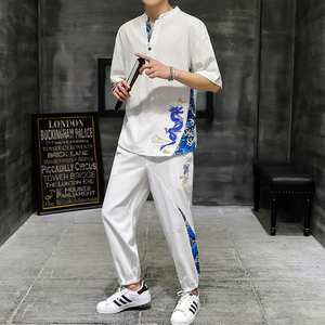 大货主推中国风男士大码刺绣棉麻休闲时尚套装XZ313B-1-TZ890-P55图片