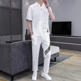 2021主推大货中国风短袖男士大码汉服休闲套装XZ313B-1-TZ888-P50，男装休闲套装，星座313B-2