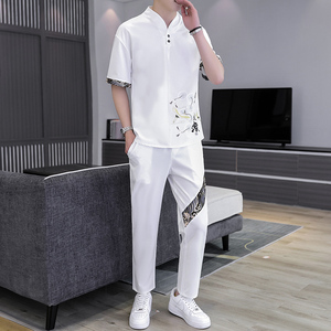 2021主推大货中国风短袖男士大码汉服休闲套装XZ313B-1-TZ888-P50图片