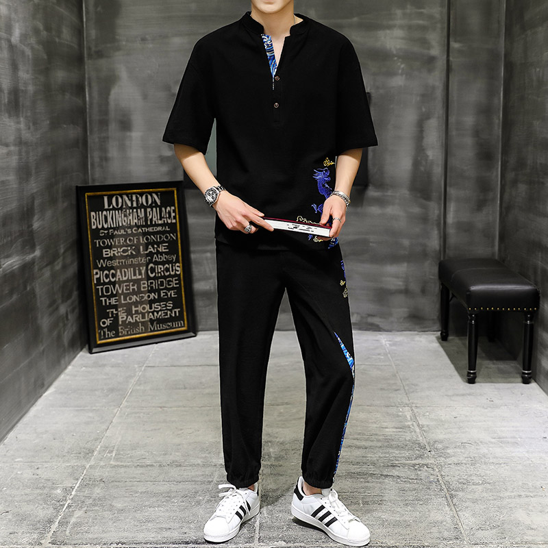 夏季新款主推中国风男士大码刺绣休闲套装XZ313B-1-TZ890-P55,男装休闲套装,星座313B-2