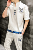 夏季主推中国风男大码刺绣棉麻休闲时尚套装XZ313B-1-TZ889-P50，男装休闲套装，星座313B-2