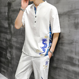 夏季新款主推中国风男士大码刺绣休闲套装XZ313B-1-TZ890-P55，男装休闲套装，星座313B-2
