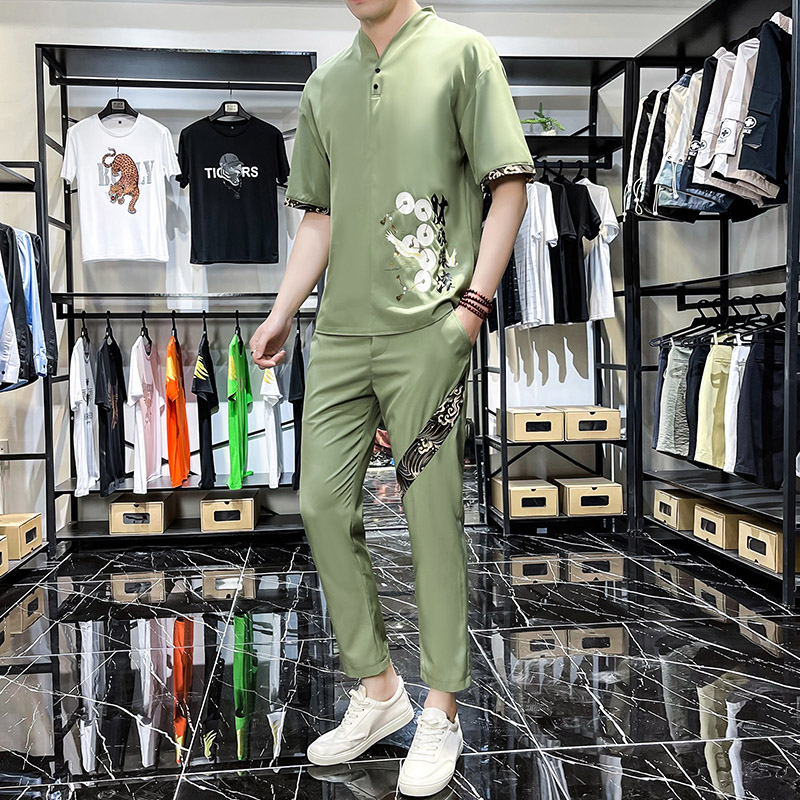 主推新款中国风套装男短袖大码汉服时尚两件套XZ313B-1-TZ888-P50,男装休闲套装,星座313B-2