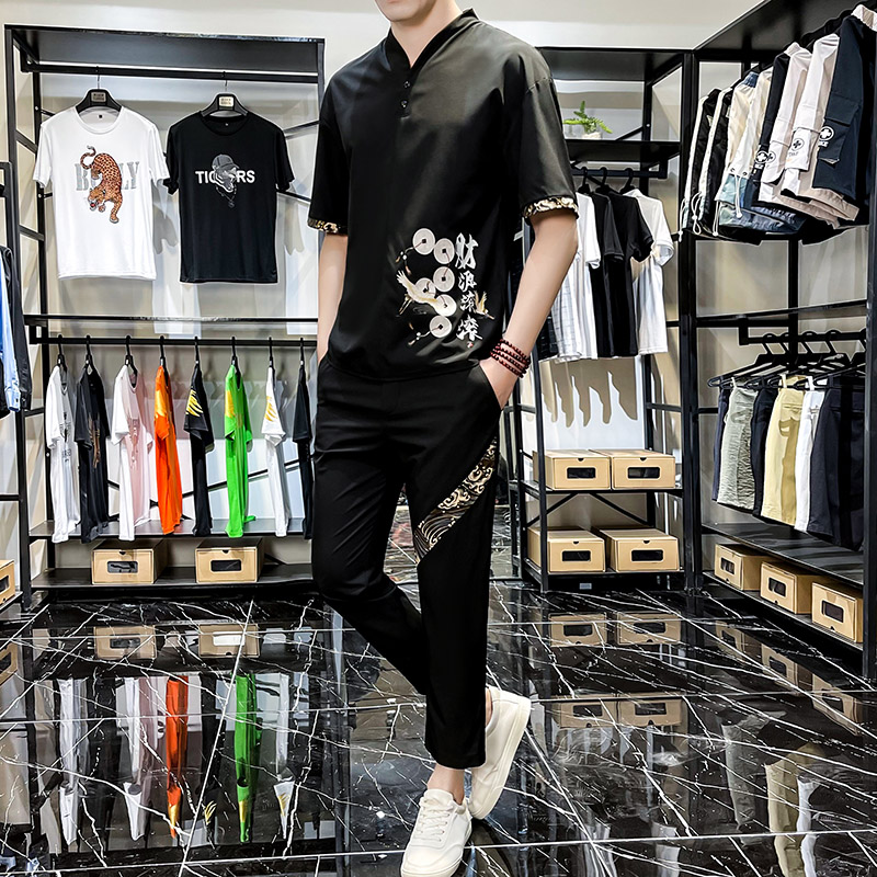 主推新款中国风套装男短袖大码汉服时尚两件套XZ313B-1-TZ888-P50,男装休闲套装,星座313B-2
