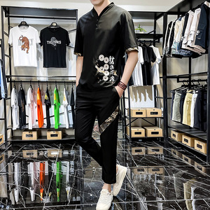 主推新款中国风套装男短袖大码汉服时尚两件套XZ313B-1-TZ888-P50图片