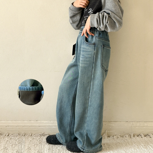 女童加绒裤子秋冬款2026新款韩版儿童垂直感长裤女大童加厚牛仔裤