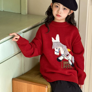 女童毛衣冬装2026新款女大童新年衣服初中生小女孩红色喜庆针织衫