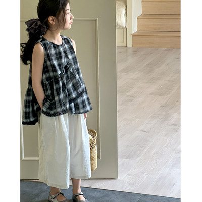 女童无袖套装夏季新款格子两件套