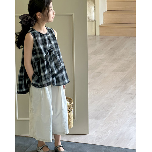女童无袖套装夏季新款格子两件套