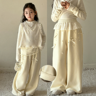 女童加绒裤子2025冬季新款女大童休闲长裤儿童直筒裤一体绒阔腿裤