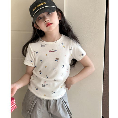 女童短袖T恤夏装2026新款12岁女孩夏季超好看碎花上衣女大童衣服