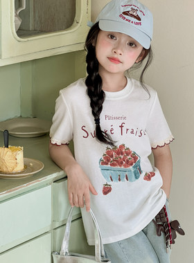 女童短袖T恤夏装2026新款初中生夏季印花半袖上衣女大童装五分袖
