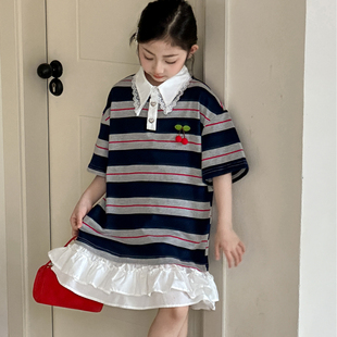 女童条纹连衣裙夏装2026新款女大童POLO领T恤裙青少年超好看裙子