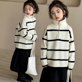 女童针织外套秋冬儿童高领条纹毛衣洋气加厚半拉链羊毛混纺打底衫
