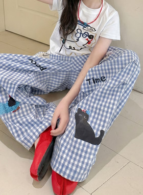 女童裤子夏薄款2026超火女大童格子阔腿裤韩国童装轻薄卡通休闲裤
