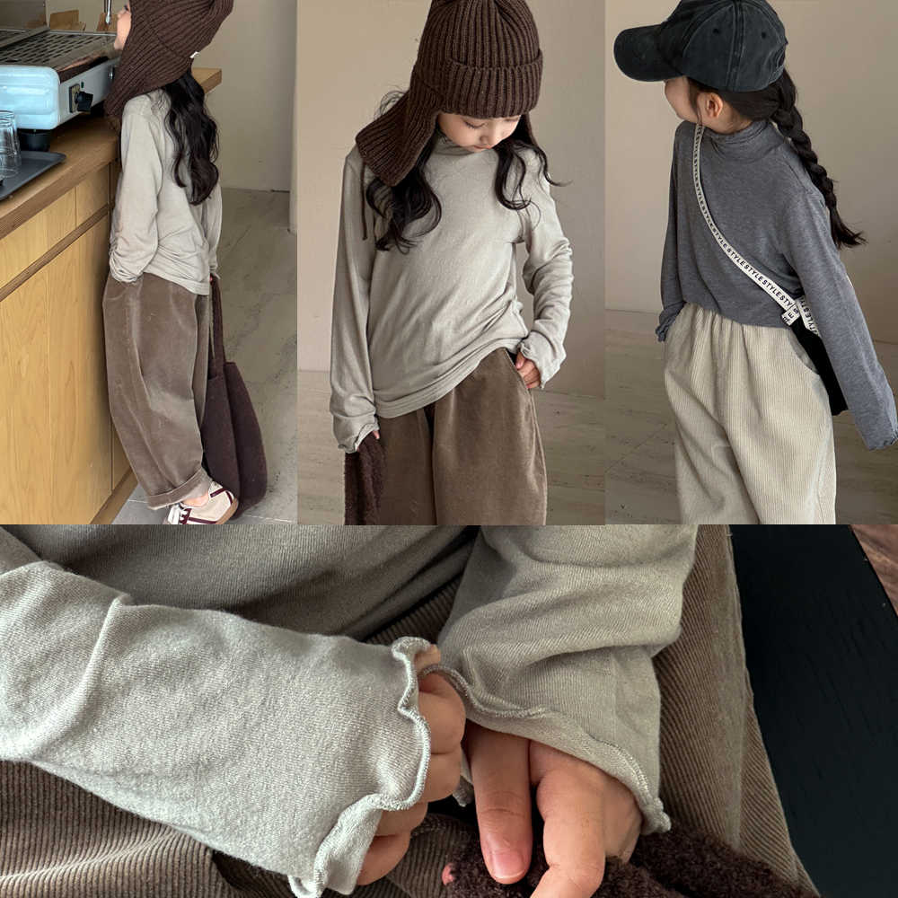 女童打底衫2025秋装新款韩版儿童高领纯色长袖T恤秋季木耳边上衣