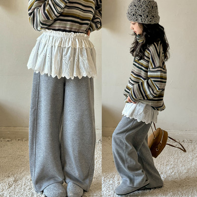 女童春秋款毛呢加厚阔腿裤休闲裤