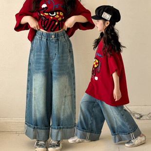 女童牛仔裤春秋款2026新款初中生春装阔腿裤女大童装宽松直筒裤子