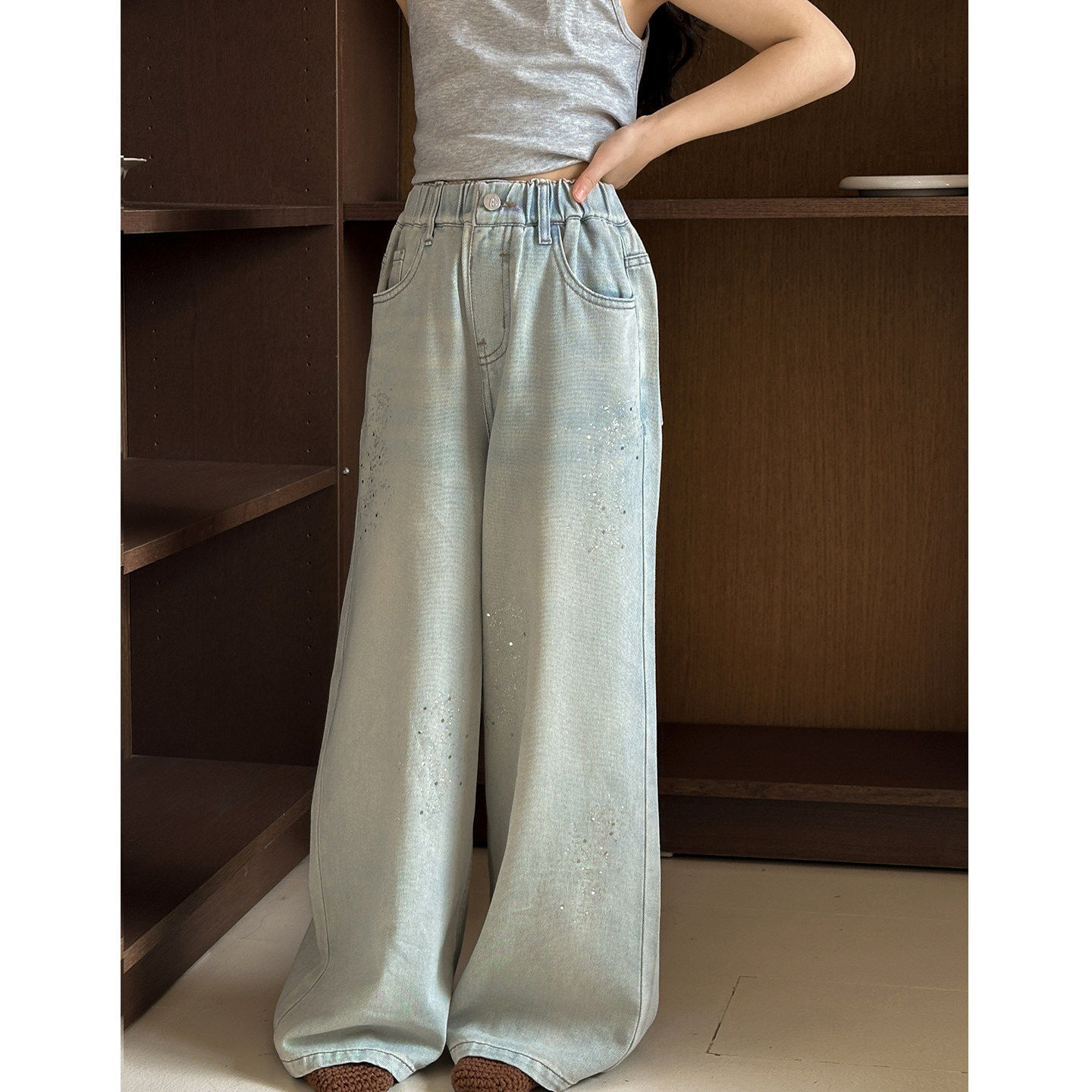 女童牛仔裤春装2026新款初中生春季宽松阔腿裤女大童春秋款休闲裤