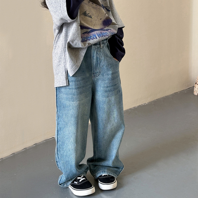 女童牛仔裤春秋款2025新款初中生休闲秋装长裤儿童宽松直筒裤子潮
