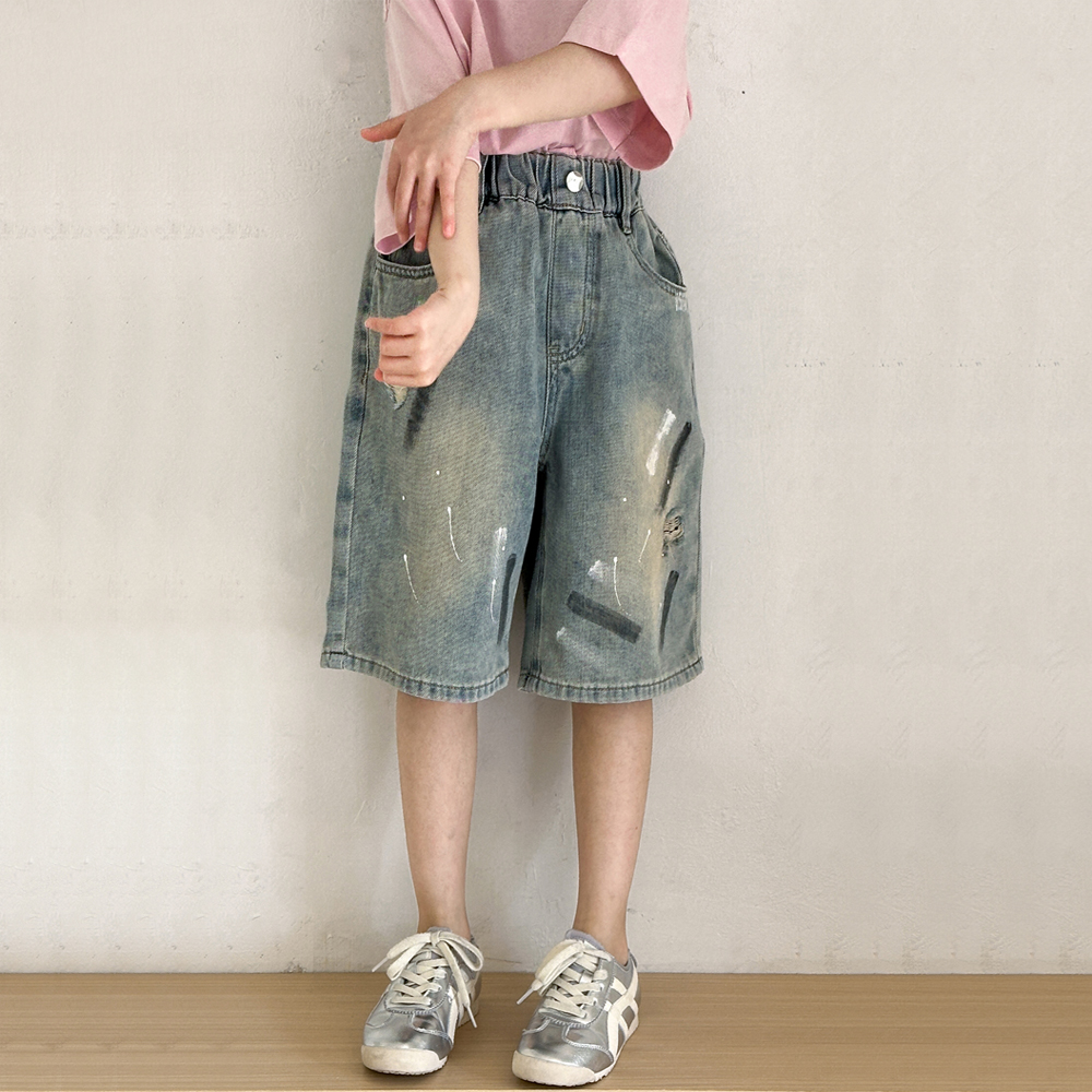 女童牛仔短裤2025新款夏季青少年休闲中裤夏季大童涂鸦破洞五分裤
