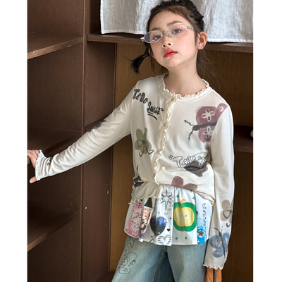 女童外套春装2026新款女大童春装超好看印花上衣12岁女孩韩国童装