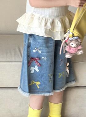 女童牛仔短裤夏季薄款2026超火韩国童装初中生宽松中裤女大童裤子