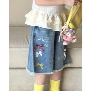 女童牛仔短裤夏季薄款2026超火韩国童装初中生宽松中裤女大童裤子