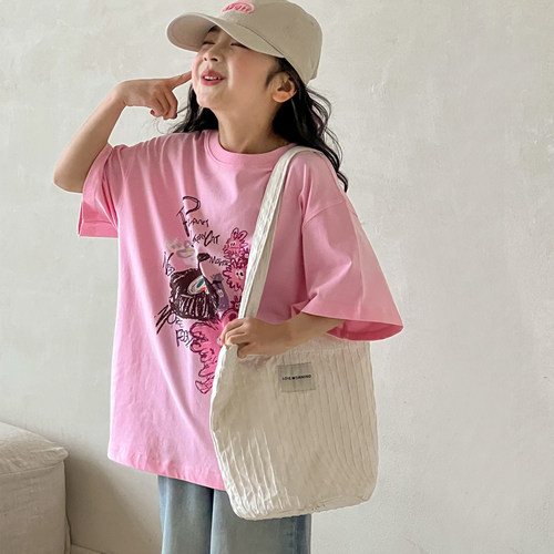 女童短袖T恤中大童纯棉印花