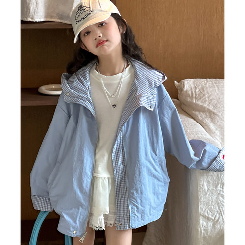 女童冲锋衣外套春装2026新款女大童春夏款连帽上衣儿童两面穿衣服