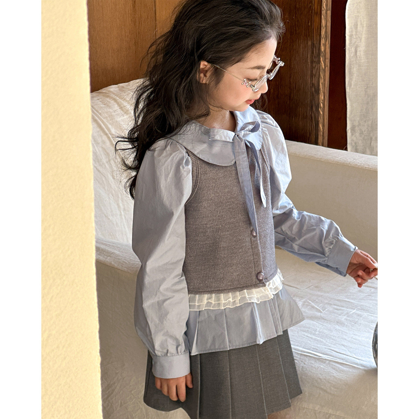 女童学院风套装春装2026新款12岁女大童春秋款针织马甲百褶半身裙