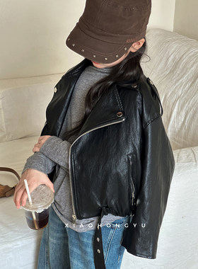 女大童皮衣外套秋装韩国童装女童秋季酷飒风PU皮夹克儿童早秋穿搭