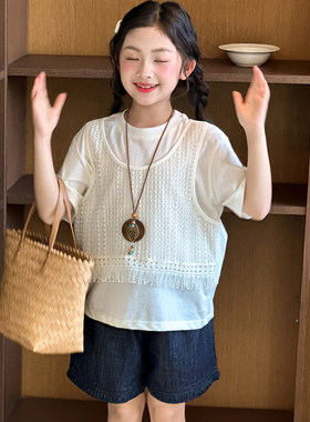 女大童假两件短袖T恤夏装2026超火女童韩国童装五分袖初中生上衣