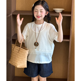 女大童假两件短袖T恤夏装2026超火女童韩国童装五分袖初中生上衣