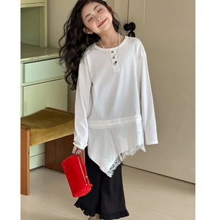 女童长袖T恤2026春装新款女大童春秋内搭上衣儿童初中生不规则T裙